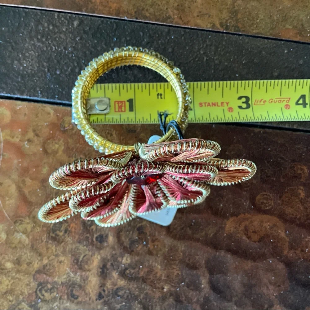 Pier 1 Four Golden and Deep Red Textured Flower Sparkly Stone Napkin Rings NWTs